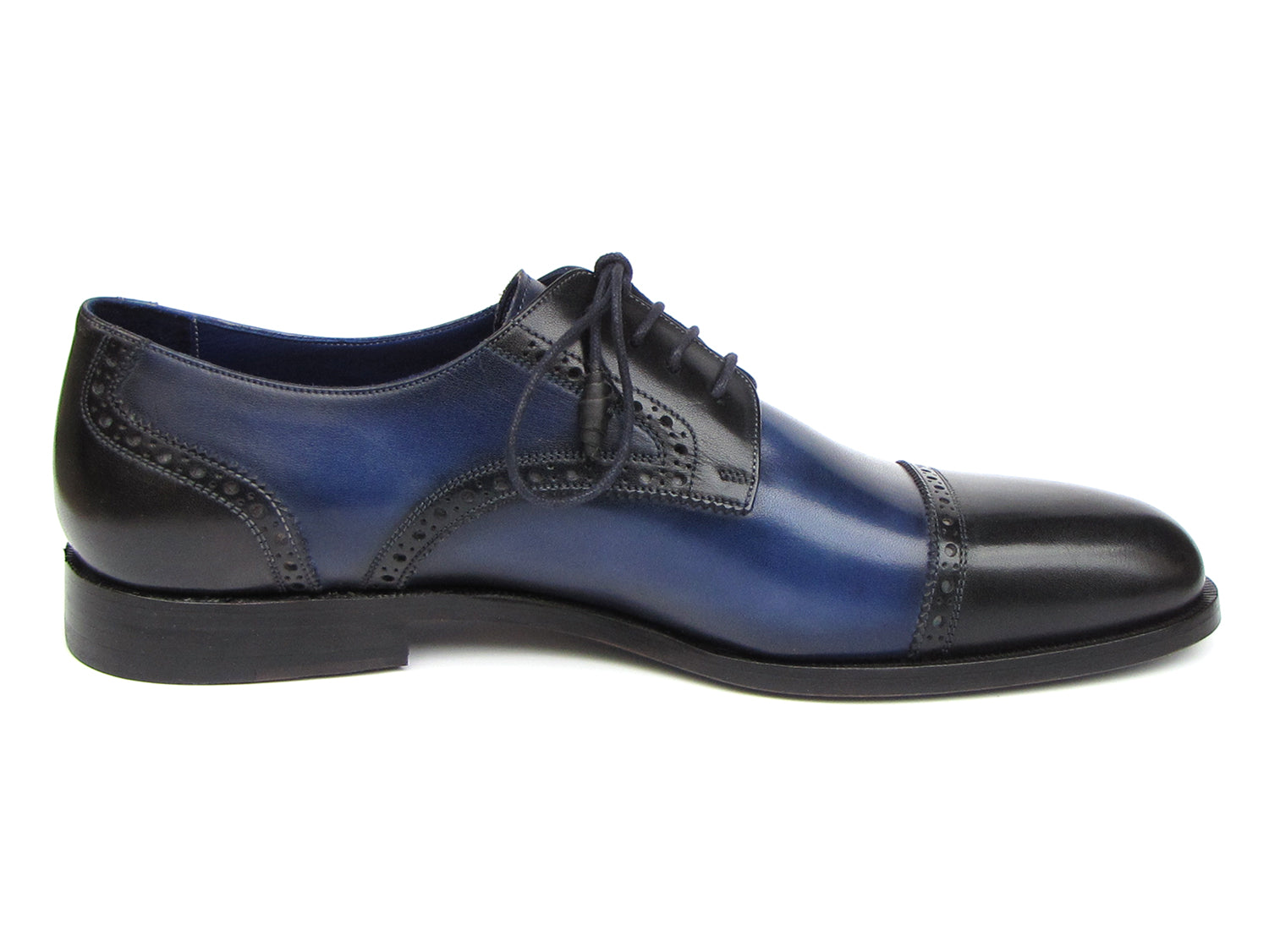 Paul Parkman Men's Parliament Blue Derby Shoes featuring hand-painted leather upper and antique burnished sole.